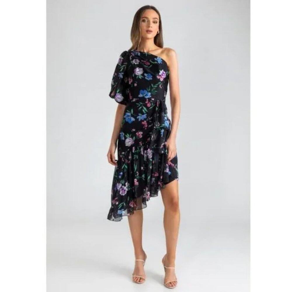 SHOSHANNA MIDNIGHT - Gia Black Floral Asymmetric One Shoulder Dress